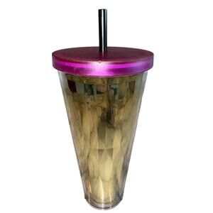 Starbucks 2014 Gold Chrome Faceted Diamond Tumbler Pink Lid Straw 24oz Cold Cup